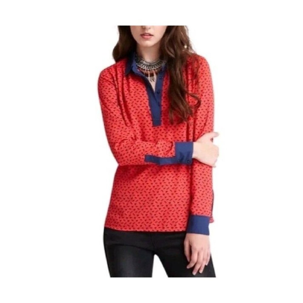 FREE PEOPLE Horse Print Boyfriend Blouse Top Small Long Sleeve ASO Mindy Kaling